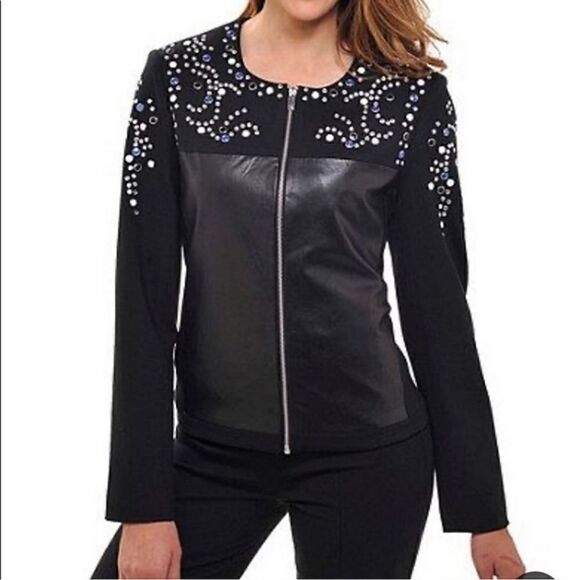Peter Nygård Women's Petite Medium PM Black Faux Leather Zip up Lined Jacket - Picture 1 of 15